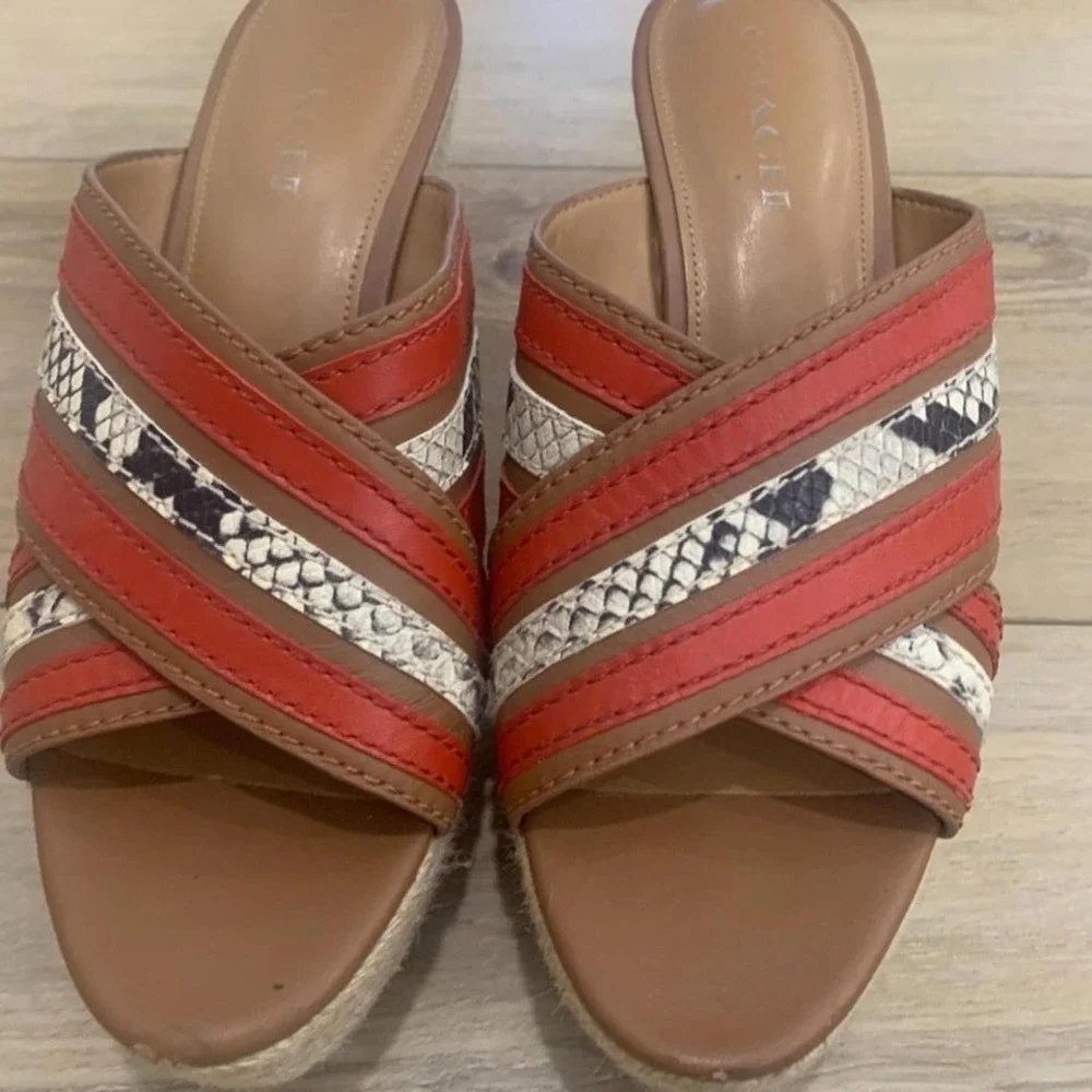 Coach Leather Espadrille‎ Wedge Sandals Orange & Snakeskin Size 9